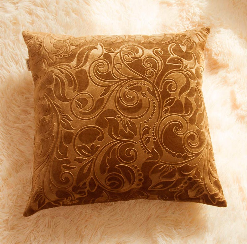TangDepot Heavy Velvet Embossing Throw Pillow Cover, Classis Floral Anaglyph Velvet Fabric, Euro Sham, European Throw Pillow Cover, Indoor/Outdoor - (24" x 24", C12 Golden Camel) - Image 3
